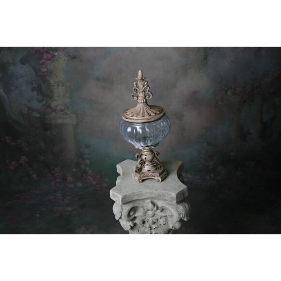 Decorative Crackle Glass Jar With Fleur-de-lis Lid Metal Work Aged - Picture 8 of 9